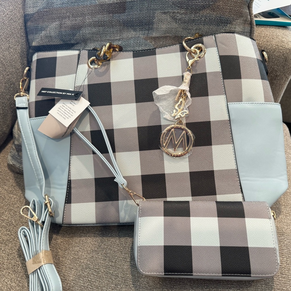 Blue buffalo plaid Mia K hand bag with matching wallet
